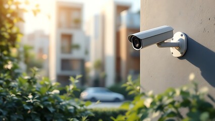 Close-up of an outdoor smart home security camera mounted on a side wall, visible from the outside against a clear sky. The building is modern, which adds to the feeling of security.