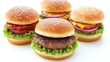 Variety of delicious burgers featuring fresh lettuce, tomato, onions, and melted cheese on sesame seed buns against a clean white background.