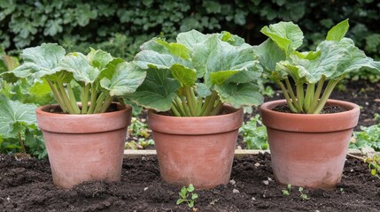 Fototapeta premium Terracotta pots with vibrant rhubarb plants showcasing lush green leaves in a well-tended garden bed designed for forcing growth.