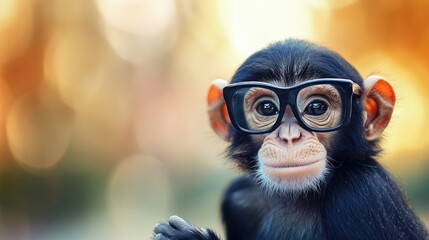 Adorable monkey wearing glasses striking a playful pose with a blurred colorful backdrop, featuring a space for customizable text placement.