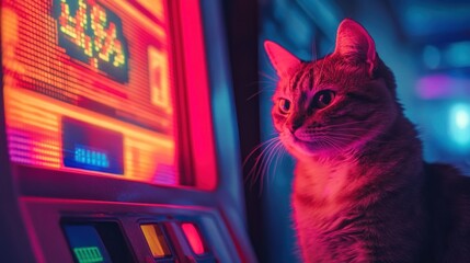 Cute cat standing in front of an 80s arcade machine glowing with pixelated visuals