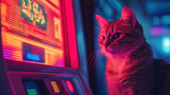 Cute cat standing in front of an 80s arcade machine glowing with pixelated visuals