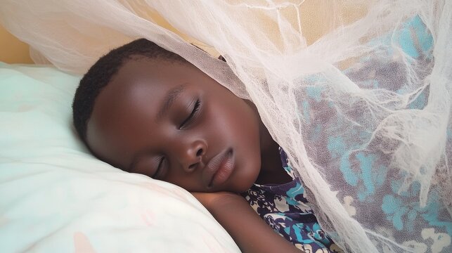 Child peacefully sleeping under a protective mosquito net experiencing a serene moment, showcasing the importance of health and safety from malaria.