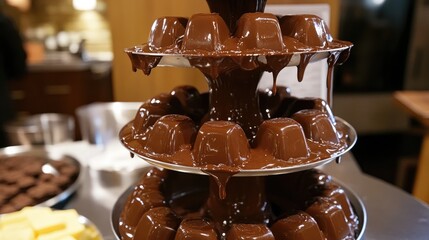 Chocolate fountain cascading with rich melted chocolate, showcasing a three-tiered display of decadent sweetness and delectable treats.