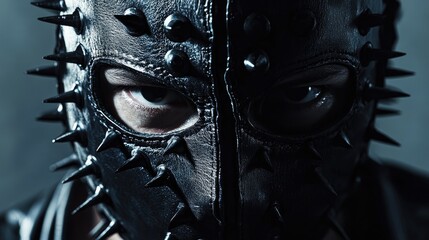 Close-up portrait of a person wearing a black leather mask adorned with sharp spikes, emphasizing intense eyes and a dramatic expression.