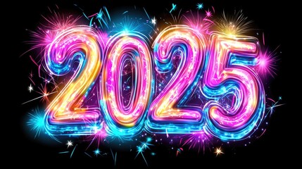 Vibrant neon 2025 celebration with multicolored fireworks display on black background