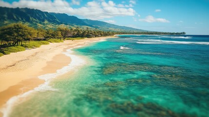 Obraz premium Aerial view of a vibrant beach with golden sand and turquoise waters, surrounded by lush greenery and mountains, illuminated by a bright, clear sky.