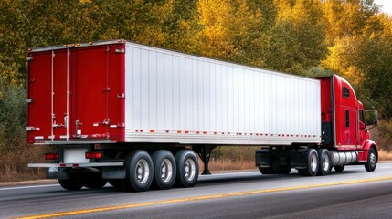 Red Semi Truck on Highway with Bright Trees in Background, Heavy Duty Vehicle for Transportation and Logistics in Autumn Scenery, Freight Transport Concept