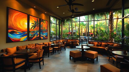 Fototapeta premium Vibrant Chic Cafe Interior with Colorful Art, Cozy Seating, and Lush Hanging Vines Creating a Relaxing Atmosphere in a Bright and Inviting Space