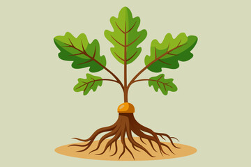 Young oak tree sprouting from acorn with several leaves and roots vector illustration © Jhanto
