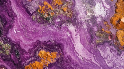 Naklejka premium Detailed macro view of charoite mineral displaying vibrant purple hues with contrasting orange and green details, showcasing unique textures and patterns.