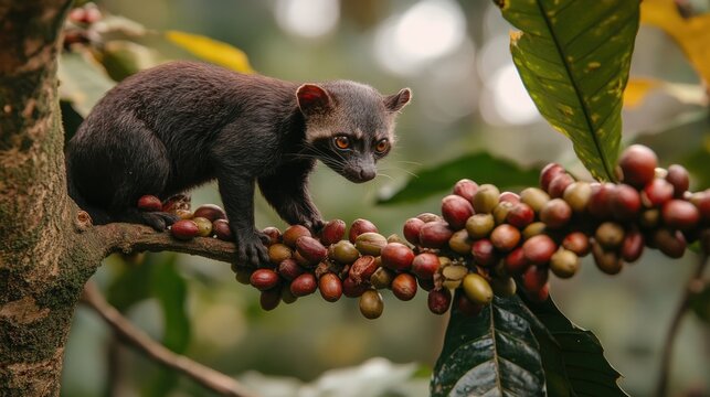 Civet perched on a coffee branch surrounded by ripe coffee cherries, illustrating the unique process of kopi luwak coffee production.