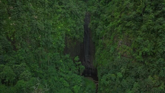 Vairao Taiarapu Vaimahutu Faarumai Matiti Waterfall Falls Tahiti Island aerial drone French Polynesia road to Teahupoo dense lush green jungle forest Les Trios Cascades pool nature back motion