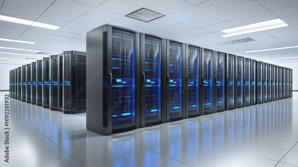 Poster modern data center server room with many servers