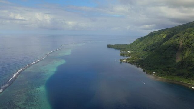 Tautira Bay North Shore Tahiti island French Polynesia aerial drone Vallee de Teahupoo Taiarapu Papara Tavera Vaitepiha River village farmland coral reef coastline South Pacific Ocean circle left