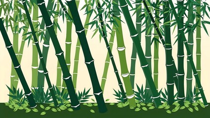 Stylized illustration of a bamboo forest, featuring overlapping stalks, dense foliage, and scattered leaves, rendered in a clean, layered vector format
