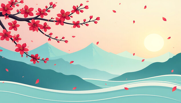 Peaceful Spring Landscape:  A serene vista of a blossoming cherry tree branch, mountains, and a river, bathed in the soft glow of a rising sun, evokes a sense of tranquility and renewal.