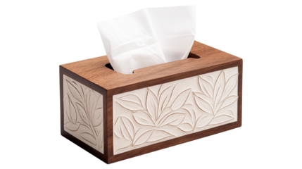 A wooden tissue box with white tissue paper isolated on transparent white background, clipping path