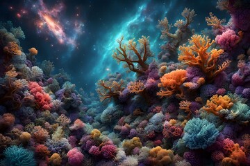 Naklejka premium A cosmic reef where coral and seaweed are infused with galactic colors and star like patterns, Ai Generated