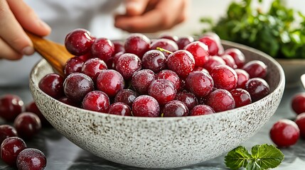 Chef Preparing Fresh Cherries in a Rustic Kitchen Scene with Vibrant Colors and Lush Ingredients for Culinary Inspiration