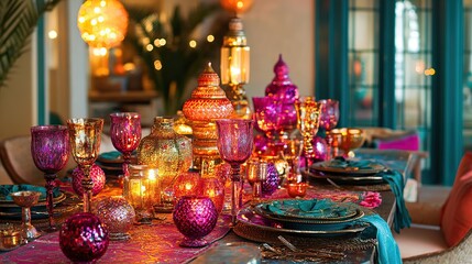 Vibrant, colorful glassware and decor on a richly decorated table setting.