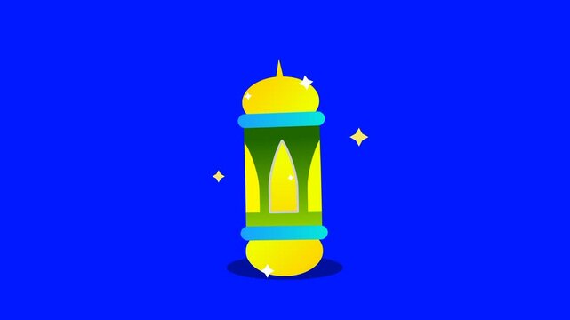 Animation of Ramadan lantern icon with twinkling stars isolated on blue background. symbol of ramdhan, eid al fitr
