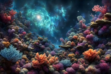 Obraz premium A cosmic reef where coral and seaweed are infused with galactic colors and star like patterns, Ai Generated