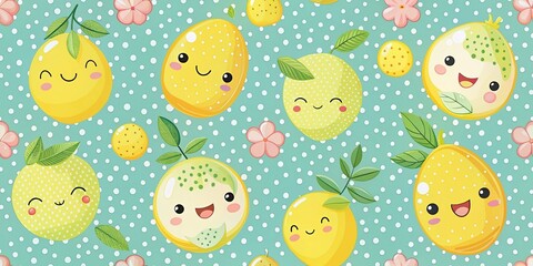 Cute Lemons and Polka Dots Pattern for Baby Textiles, Wallpaper, and Scrapbooking in Pastel Colors Featuring Adorable Character Illustrations Ideal for Playful Designs