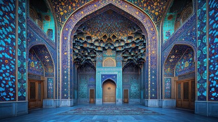 Fototapeta premium Ornate turquoise and gold mosaic mosque interior.