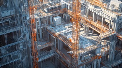 Aerial view of complex, unfinished steel structure with cranes.