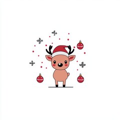 Fototapeta premium A cute reindeer wearing a Santa hat, surrounded by festive decorations like ornaments and snowflakes, captures the spirit of Christmas.