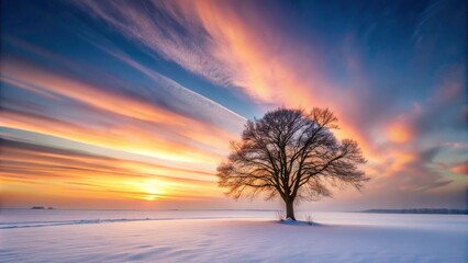Obraz premium Winter Sunset Landscape with Solitary Tree Silhouette over Snowy Field, Peaceful Sky, Long Exposure Nature Photography for Serene Winter Scenes