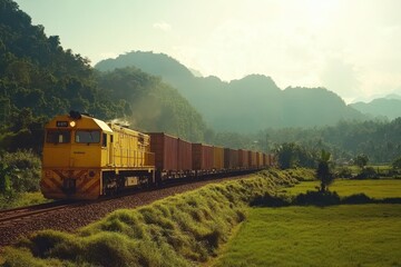 Obraz premium Yellow Freight Train Traveling Through Lush Green Landscape with Mountains in the Background Capturing the Beauty of Nature and Transportation in Harmony