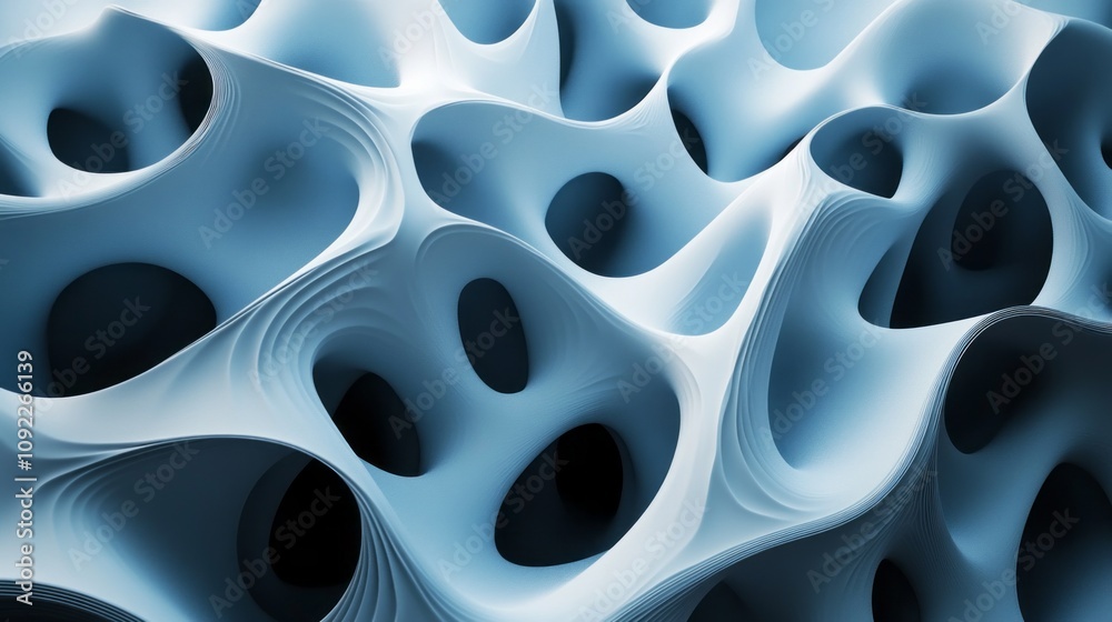 Poster The image is a close up of a blue and white object with many small holes