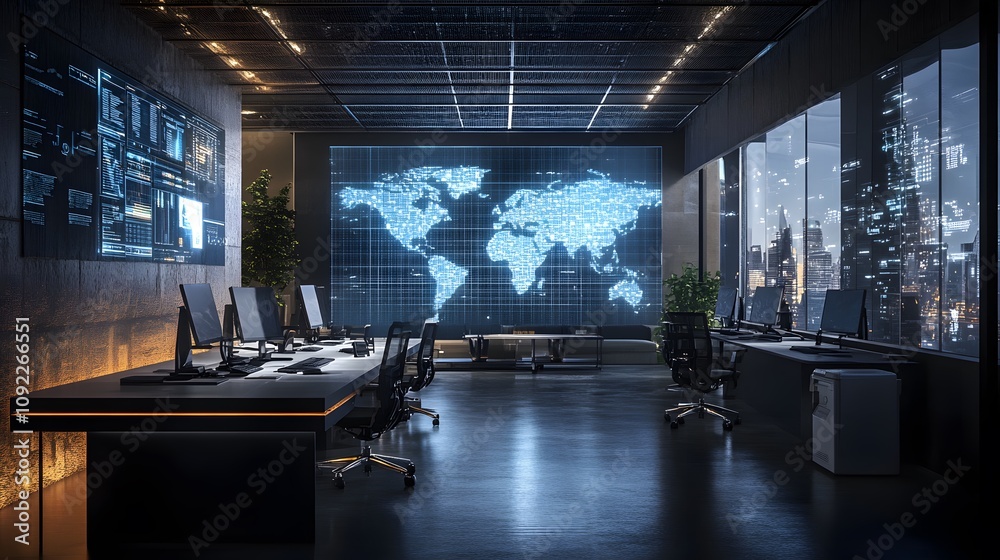 Poster A tech-driven workspace where 3D glowing global digital integration maps are paired with 2D animated action points. 4k resolution, Cinematic Scene