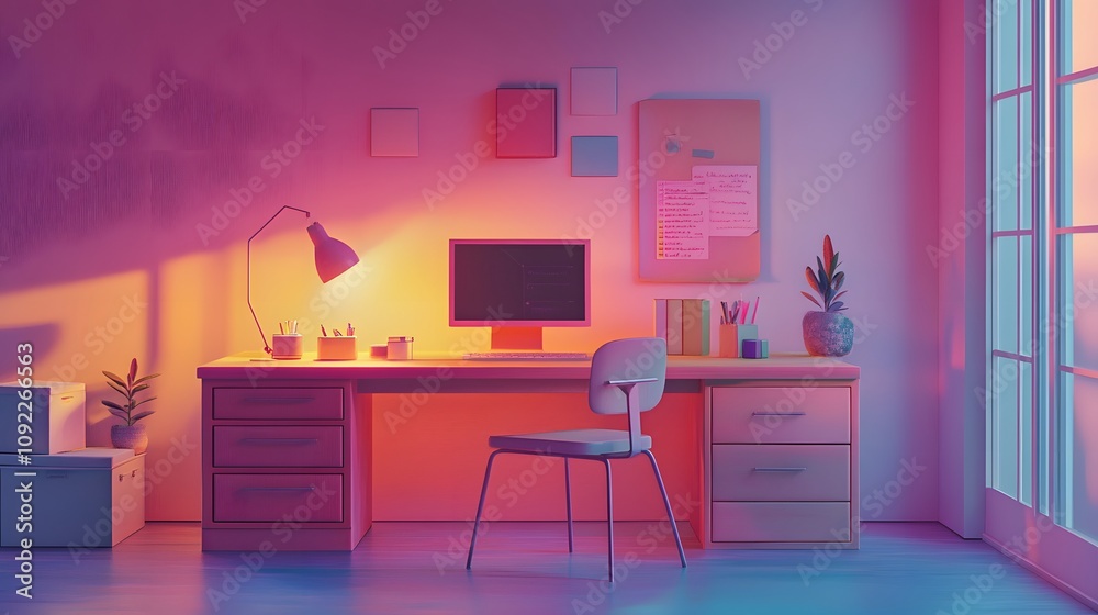 Poster A minimalist desk featuring 3D glowing integration tools for automation with 2D animated timelines. 4k resolution, Cinematic Scene
