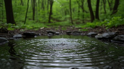 Naklejka premium Serene Pond Nestled in Moss-Covered Clearing Surrounded by Lush Green Forest, Offering Tranquility and Natural Beauty for Reflection and Peaceful Escape