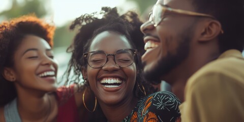 Obraz premium Joyful gathering of young african american friends outdoor setting candid moments happiness social connection