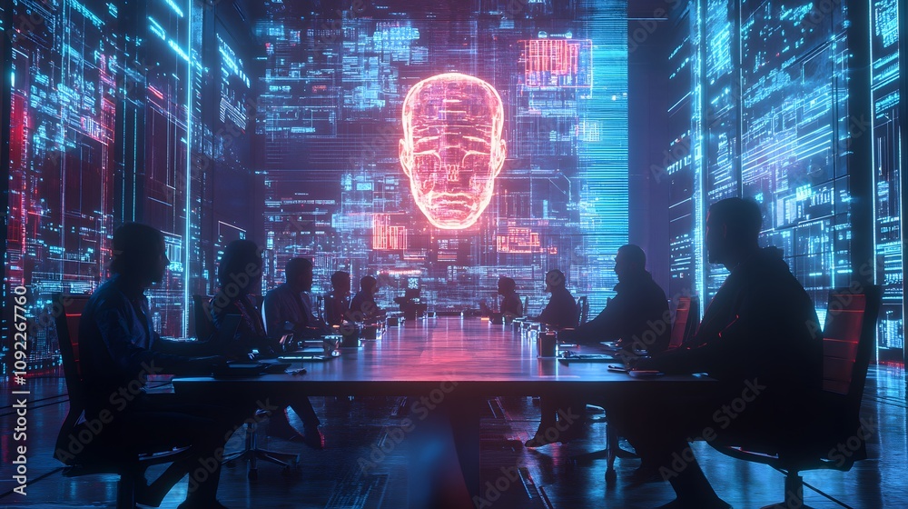 Poster A tech-driven meeting space featuring 3D glowing user avatars and 2D glowing conversation threads enhancing collaboration. 4k resolution, Cinematic Scene