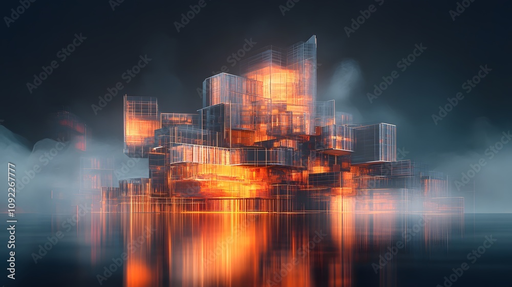 Aufkleber A remote architecture workshop where participants refine 3D glowing building designs with 2D feedback loops. 4k resolution, Cinematic Scene