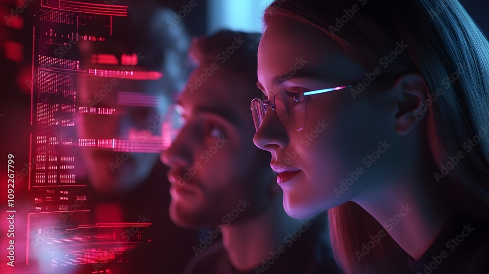 Poster a virtual team conducting a product review, with 3d glowing product elements projected and 2d perfor