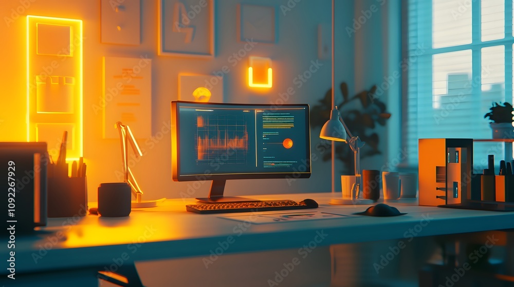 Poster A minimalist workspace featuring 3D glowing models of biodegradable products and 2D floating explanations of materials. 4k resolution, Cinematic Scene