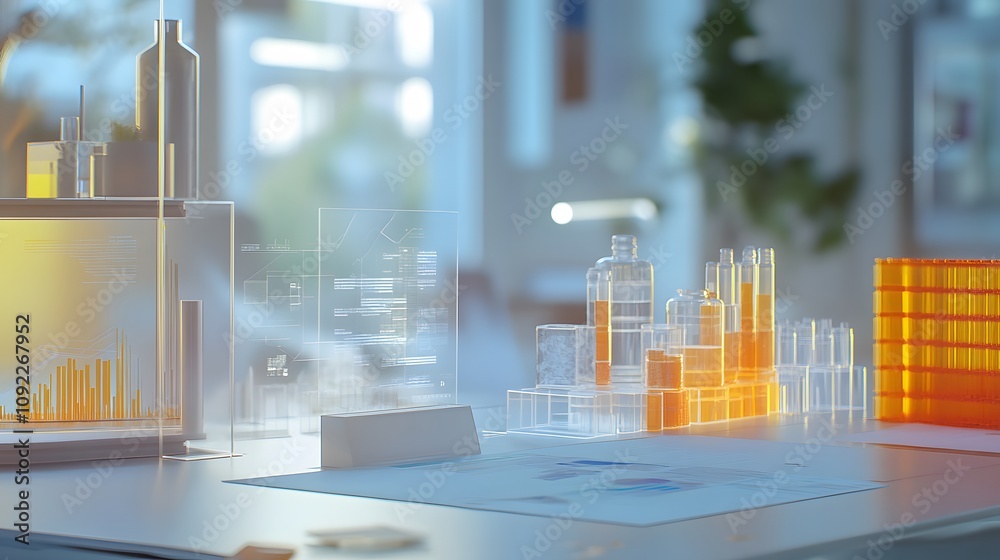 Poster A brainstorming session in a clean office where 3D prototypes of eco-friendly packaging are displayed alongside 2D lifecycle analysis. 4k resolution, Cinematic Scene