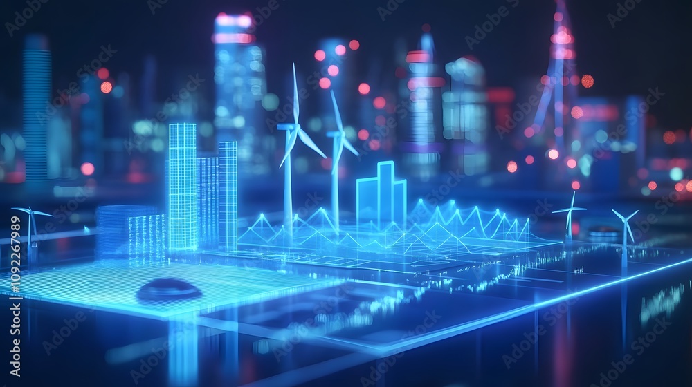 Poster a team collaborating on 3d digital dashboards tracking renewable energy integration, with 2d glowing