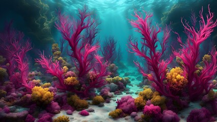 Naklejka premium A fantasy underwater world where seaweed grows in colors like magenta cyan and gold, AI Generated