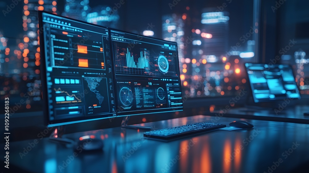 Aufkleber A futuristic workspace featuring 3D glowing devices tracking carbon offset programs and 2D floating feedback tools. 4k resolution, Cinematic Scene
