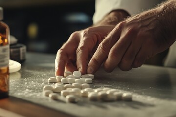 Pharmacist organizing tablets on counter