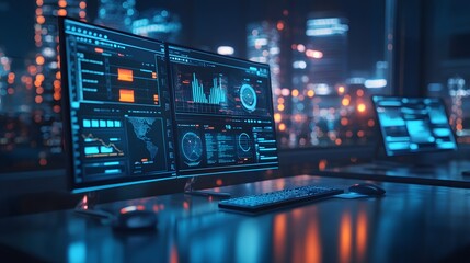 A futuristic workspace featuring 3D glowing devices tracking carbon offset programs and 2D floating feedback tools. 4k resolution, Cinematic Scene