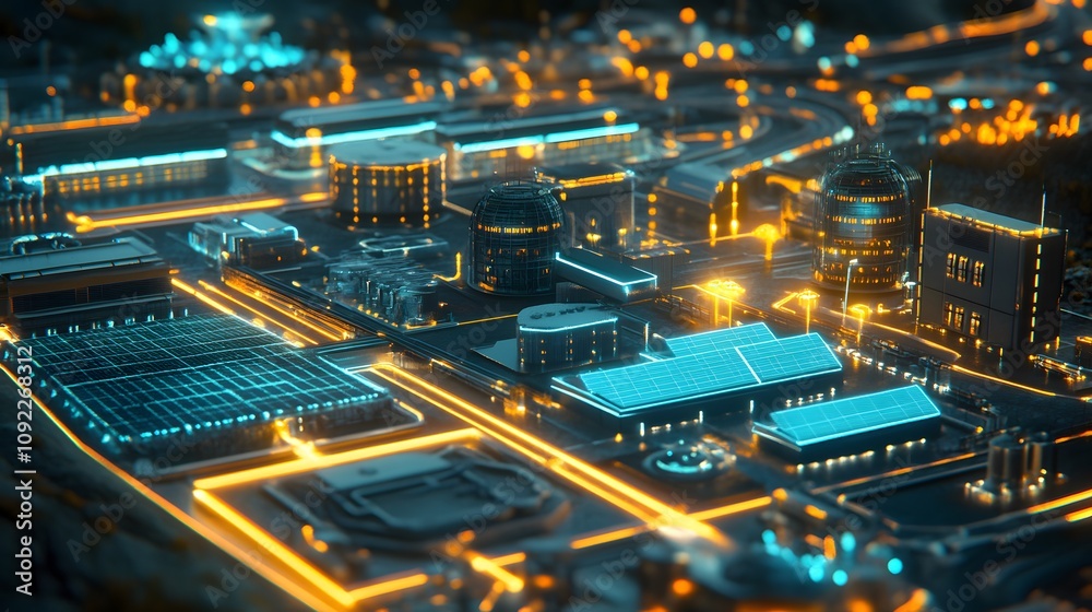 Aufkleber a digital presentation on 3d glowing solar farm visuals with 2d metrics of long-term economic and en