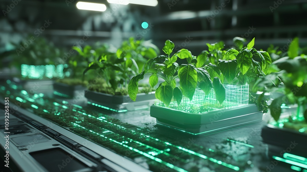 Poster a futuristic workspace showing 3d glowing urban farm models and 2d glowing trends of sustainable foo
